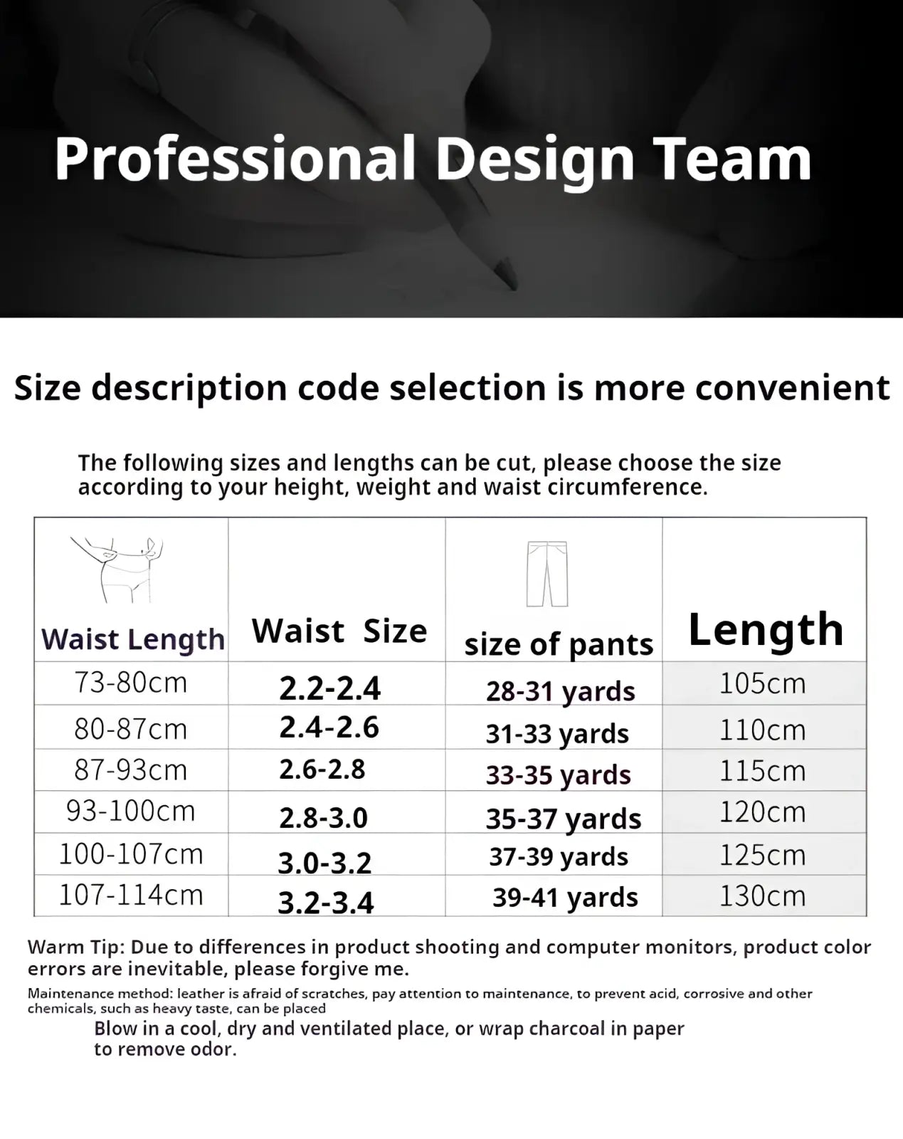Professional design team pants size chart showing waist length waist size and total length in centimeters for ratchet leather belt for men adjustable automatic buckle