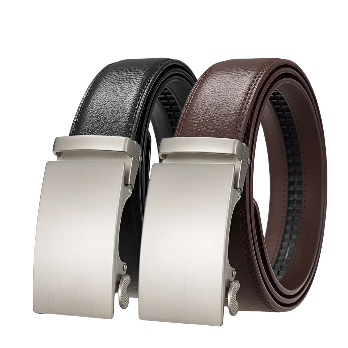 Ratchet leather belt for men with adjustable automatic brushed metal buckle and black and brown leather strap