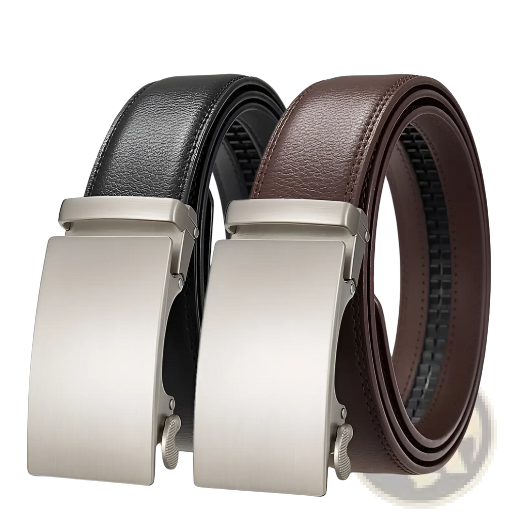 Two oyifan ratchet leather belts for men in black and brown with silver-toned automatic buckles