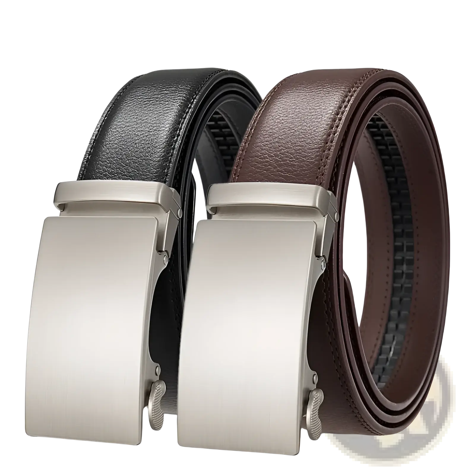 Two oyifan ratchet leather belts for men in black and brown with silver-toned automatic buckles