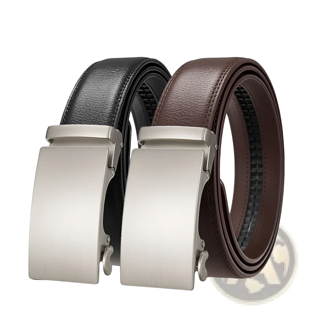 Two matching ratchet leather belts for men with adjustable automatic silver-toned buckles in black and brown leather
