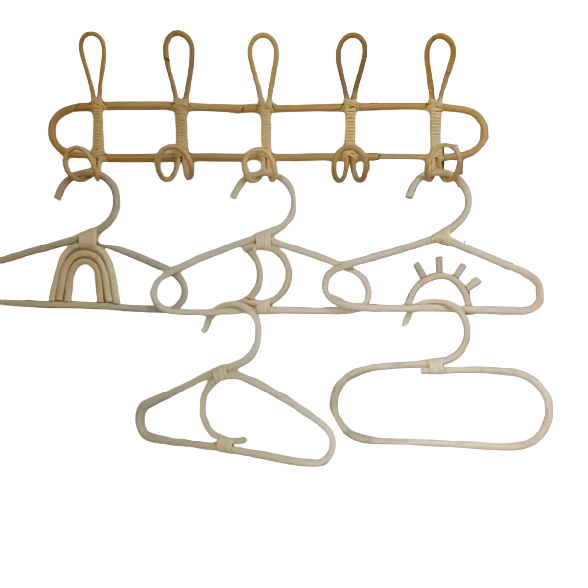 Beige woven rattan 5 hook wall-mounted kids coat rack with decorative rainbow arch hanger organizer