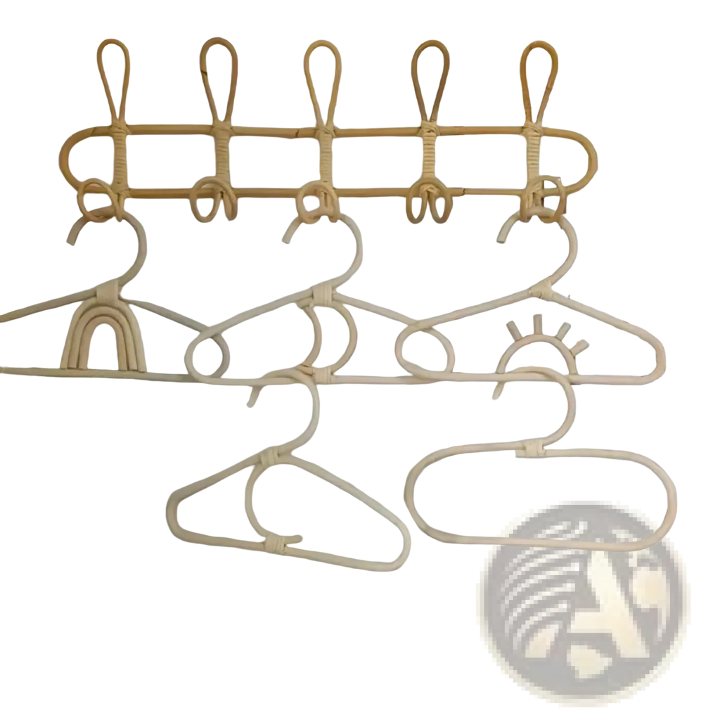 Beige woven rattan 5 hook wall-mounted kids coat rack with decorative rainbow arch hanger organizer