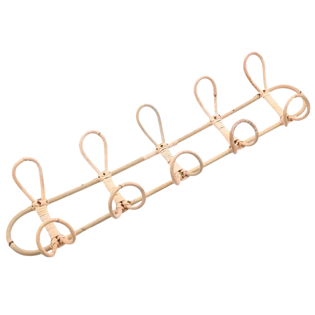 Natural beige rattan wall-mounted kids coat rack with five curved hooks for organized hanging and storage