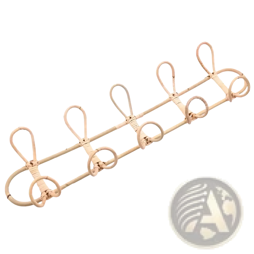 Natural beige rattan wall-mounted kids coat rack with five curved hooks for organized hanging and storage