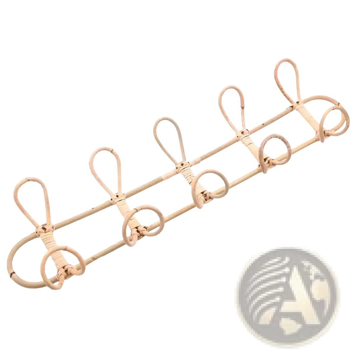 Natural beige rattan wall-mounted kids coat rack with five curved hooks for organized hanging and storage