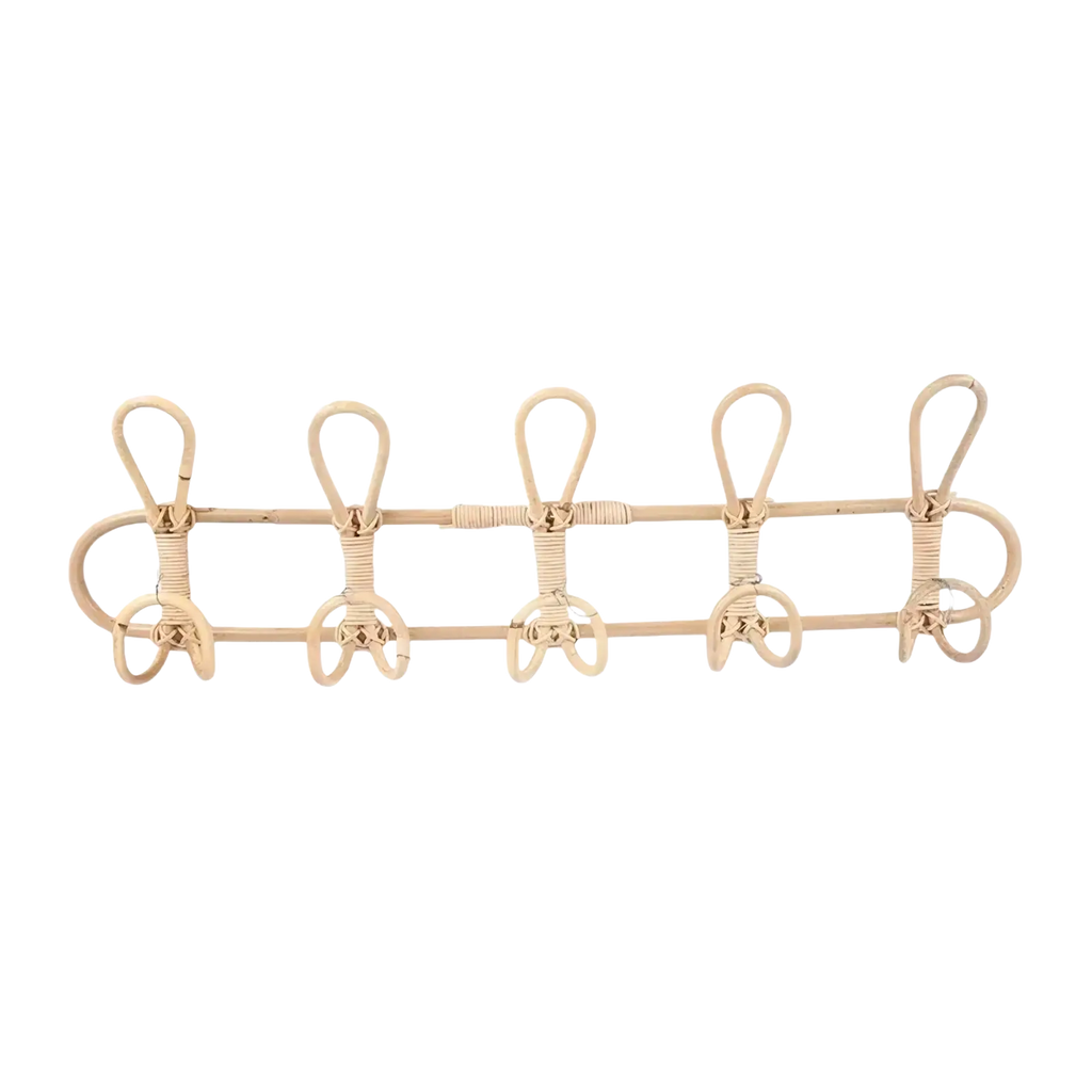 Natural-toned rattan 5 hook kids wall hanger organizer with five evenly spaced hooks for coats or bags
