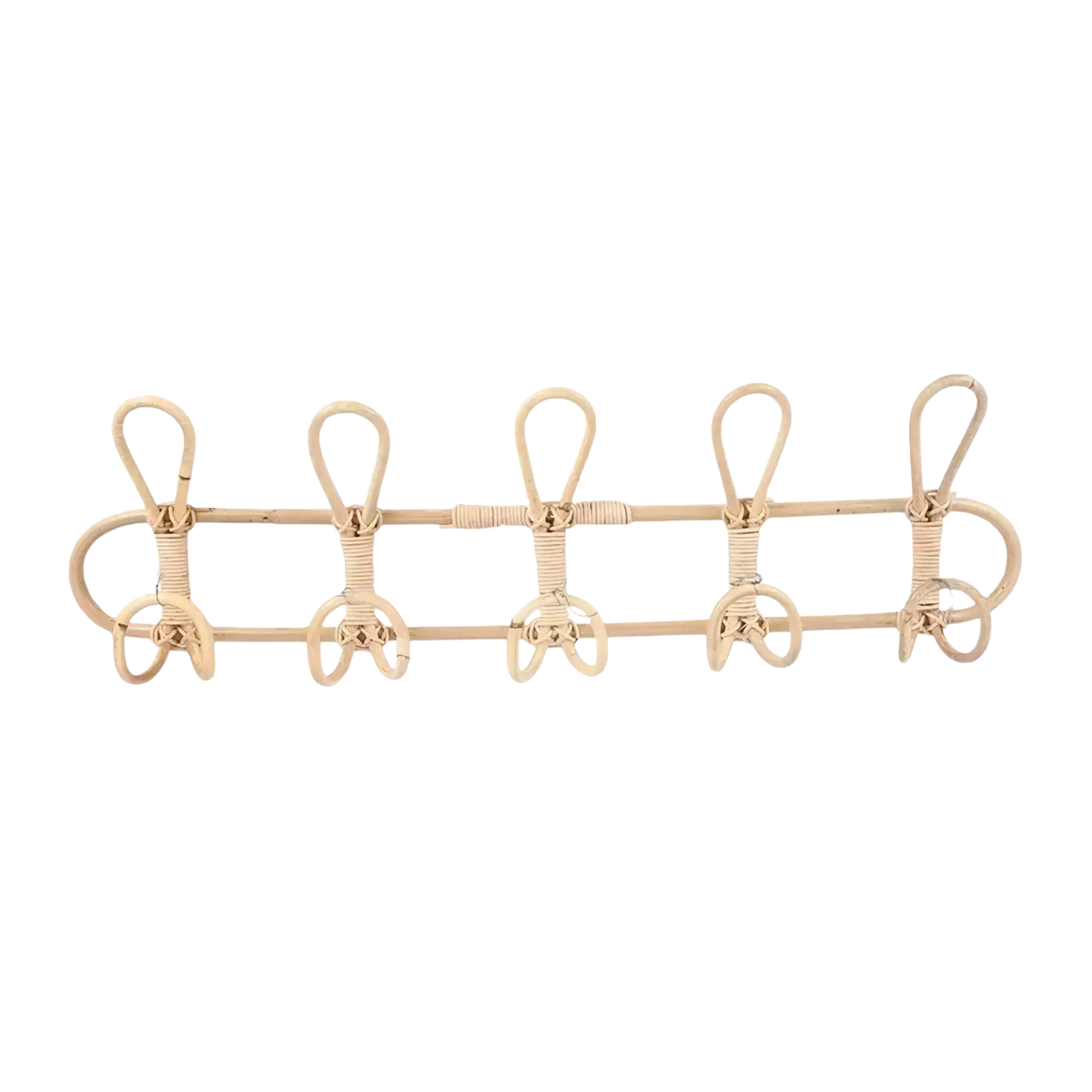Natural-toned rattan 5 hook kids wall hanger organizer with five evenly spaced hooks for coats or bags