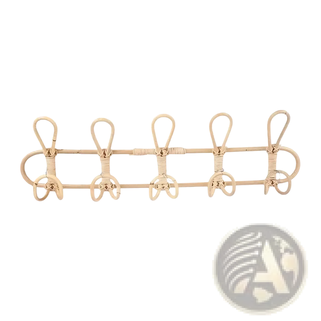 Natural-toned rattan 5 hook kids wall hanger organizer with five evenly spaced hooks for coats or bags