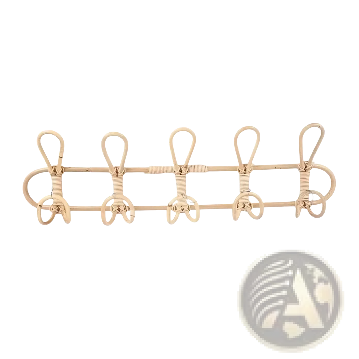 Natural-toned rattan 5 hook kids wall hanger organizer with five evenly spaced hooks for coats or bags