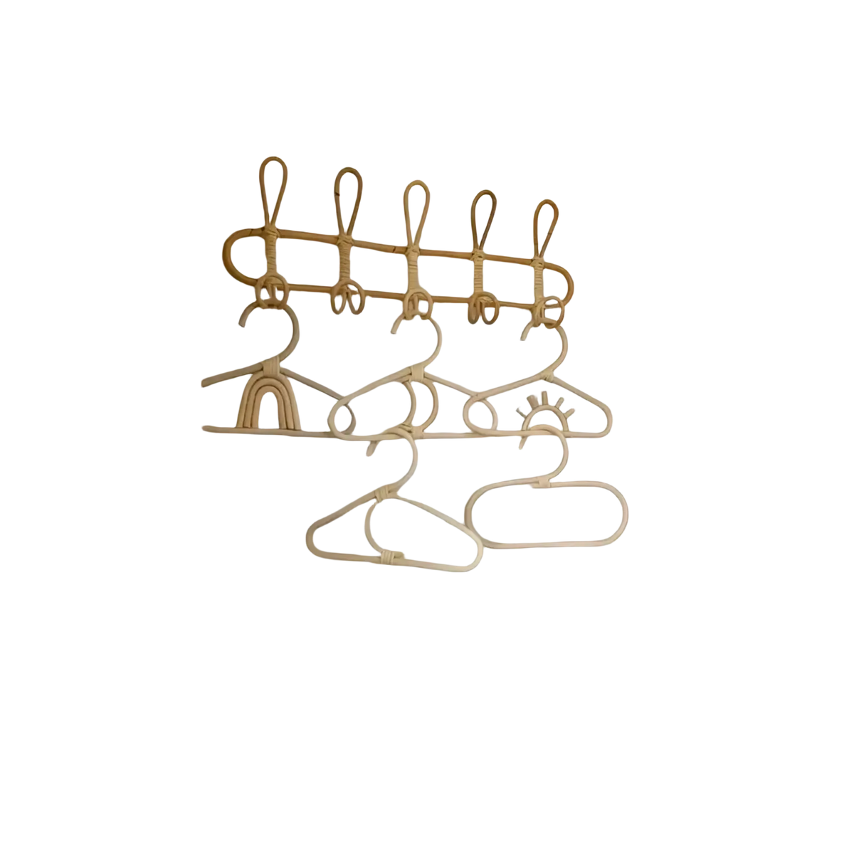Natural woven rattan kids wall hanger organizer with five hooks, shelf, and off-white plastic hangers mounted on wall