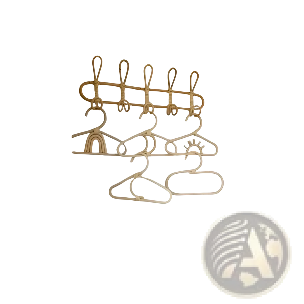 Natural woven rattan kids wall hanger organizer with five hooks, shelf, and off-white plastic hangers mounted on wall