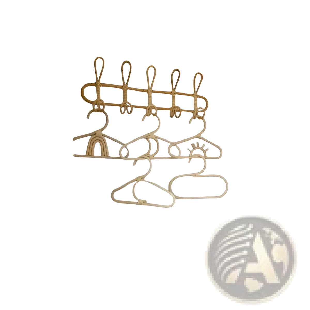 Natural woven rattan kids wall hanger organizer with five hooks, shelf, and off-white plastic hangers mounted on wall