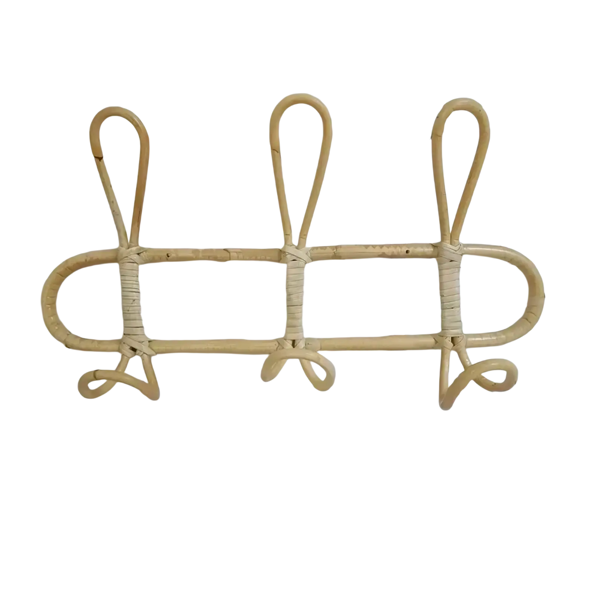 Beige rattan kids wall hook clothing storage rack with three curved hooks for wall-mounted organization