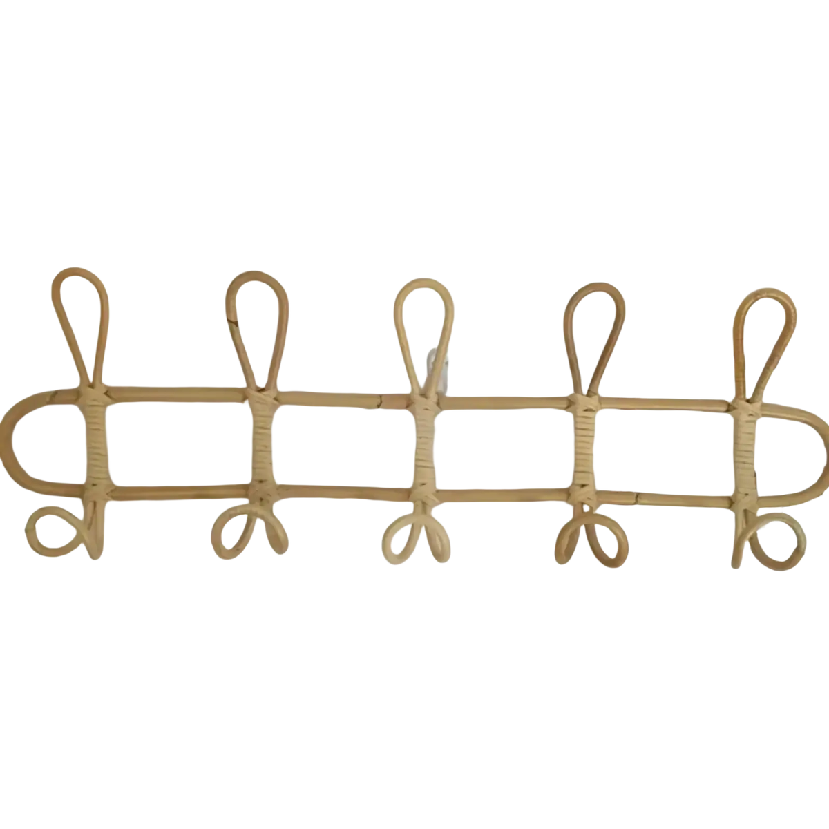 Beige rattan kids wall hook clothing storage rack with five looped hooks for wall-mounted organization