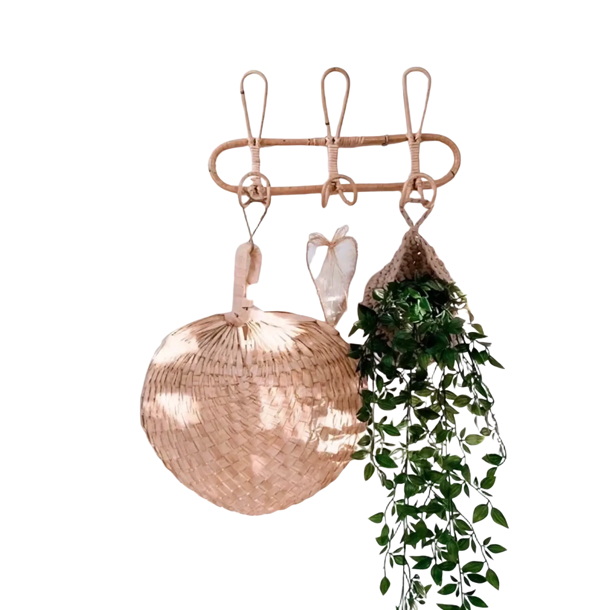 A light brown woven rattan kids wall hook set with three hooks for clothing storage and hanging
