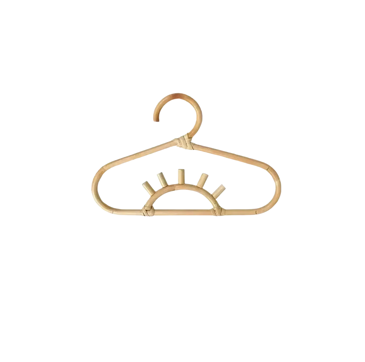A light brown woven rattan kids wall hook with curved hook and decorative eye design for clothing storage