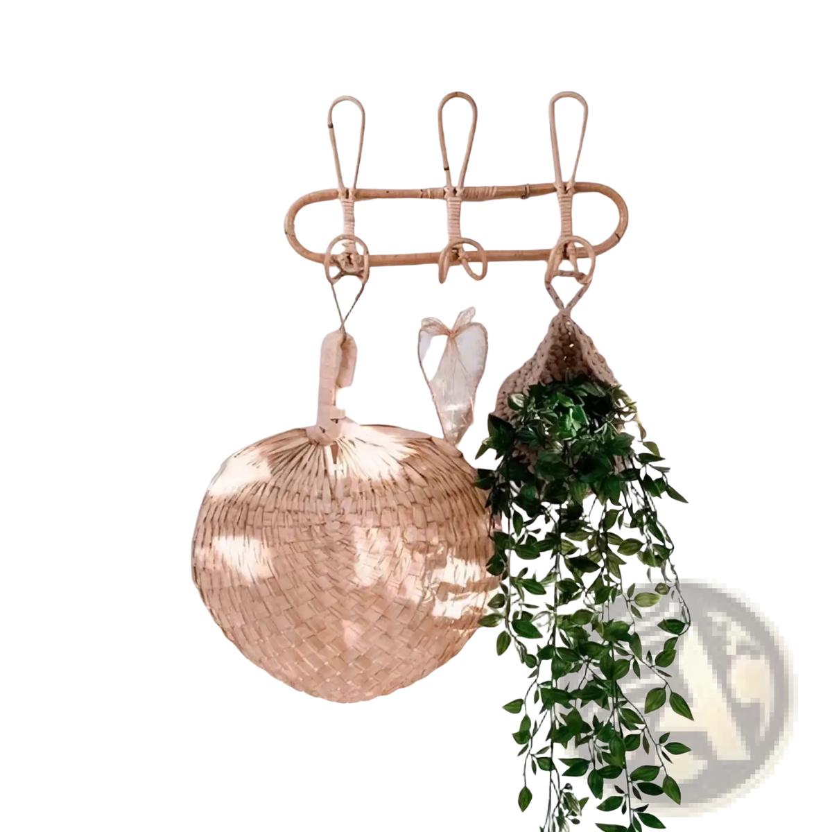 A light brown woven rattan kids wall hook set with three hooks for clothing storage and hanging