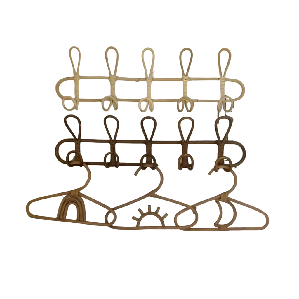 Rattan kids wall hook clothing storage rack with three rows of natural and dark brown hooks mounted on wall