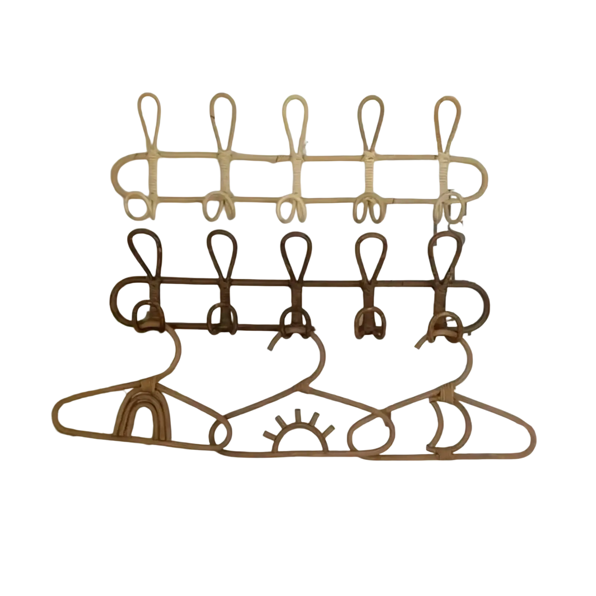 Rattan kids wall hook clothing storage rack with three rows of natural and dark brown hooks mounted on wall