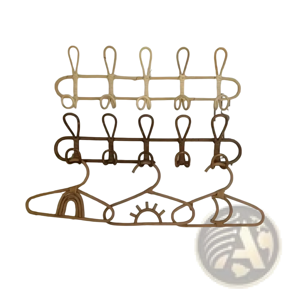 Rattan kids wall hook clothing storage rack with three rows of natural and dark brown hooks mounted on wall