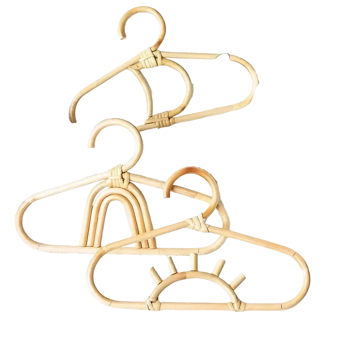 Natural bamboo rattan kids wall hook clothing rack with woven rustic design in light beige color for storage