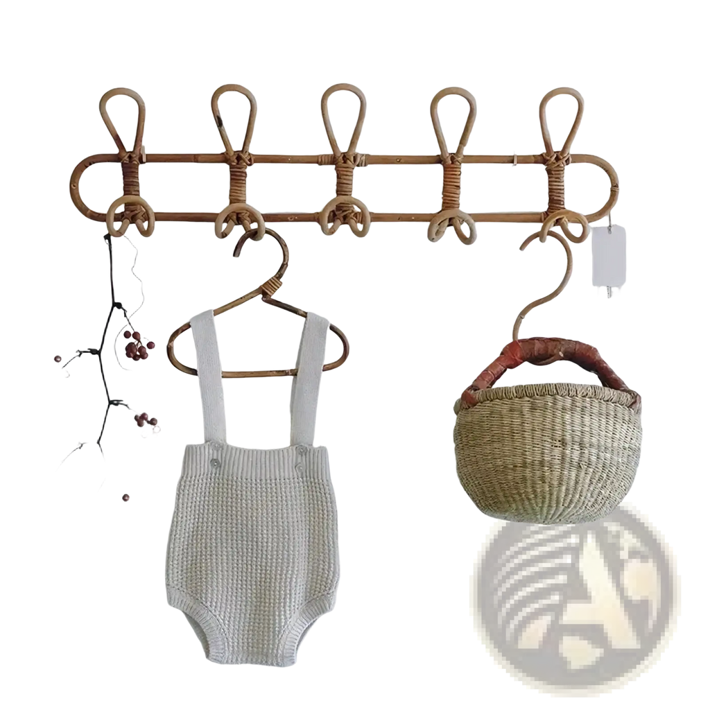 A natural-toned rattan kids wall hook clothing storage rack with five looped hooks for organizing items
