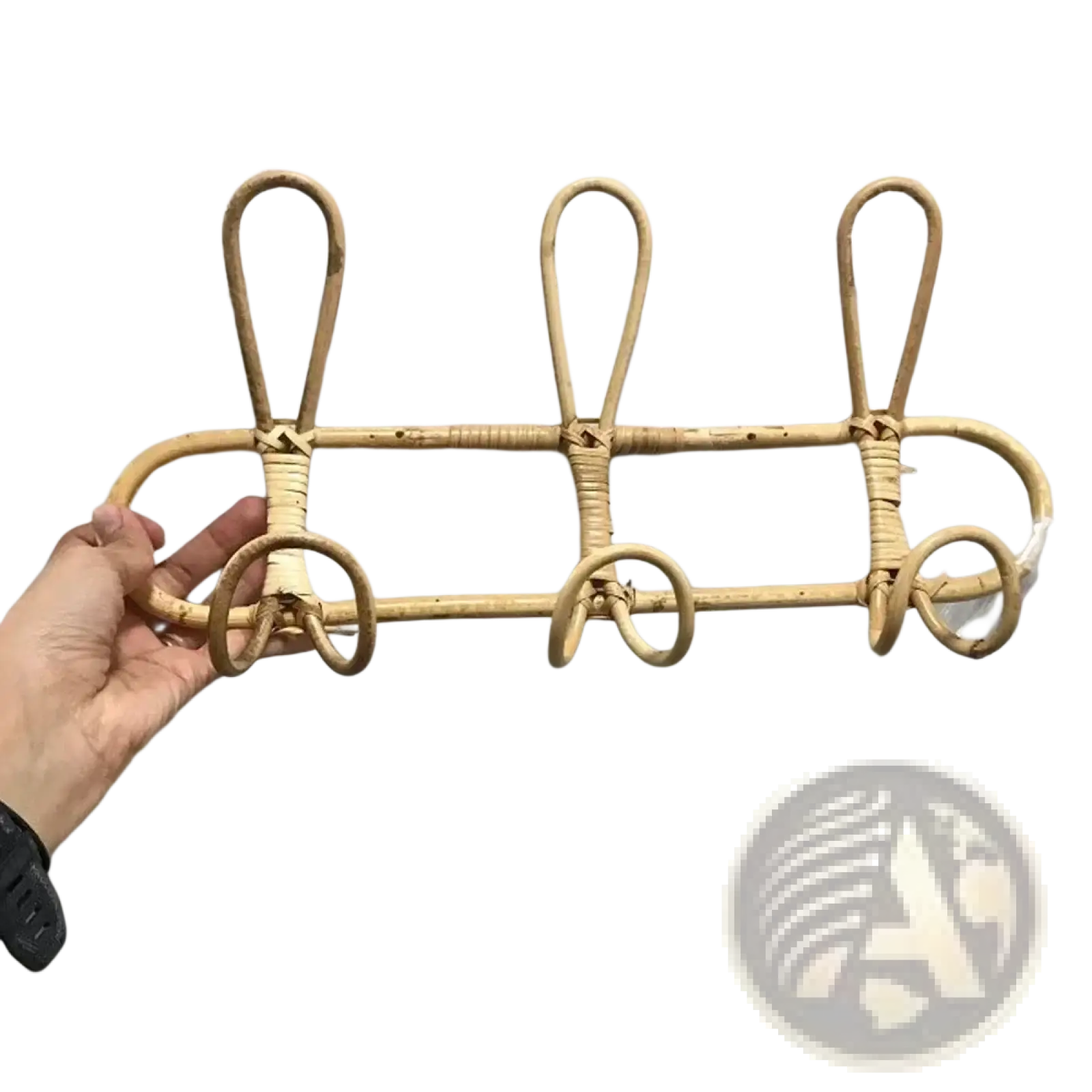 Natural-toned rattan kids wall hook rack with three curved hooks and woven rustic design for clothing storage