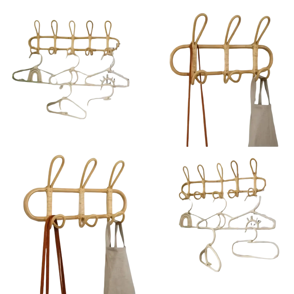 Natural woven rattan kids wall hook with five curved hooks and central oval design for clothing storage