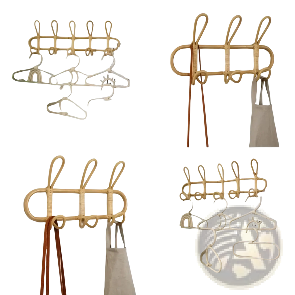 Natural woven rattan kids wall hook with five curved hooks and central oval design for clothing storage