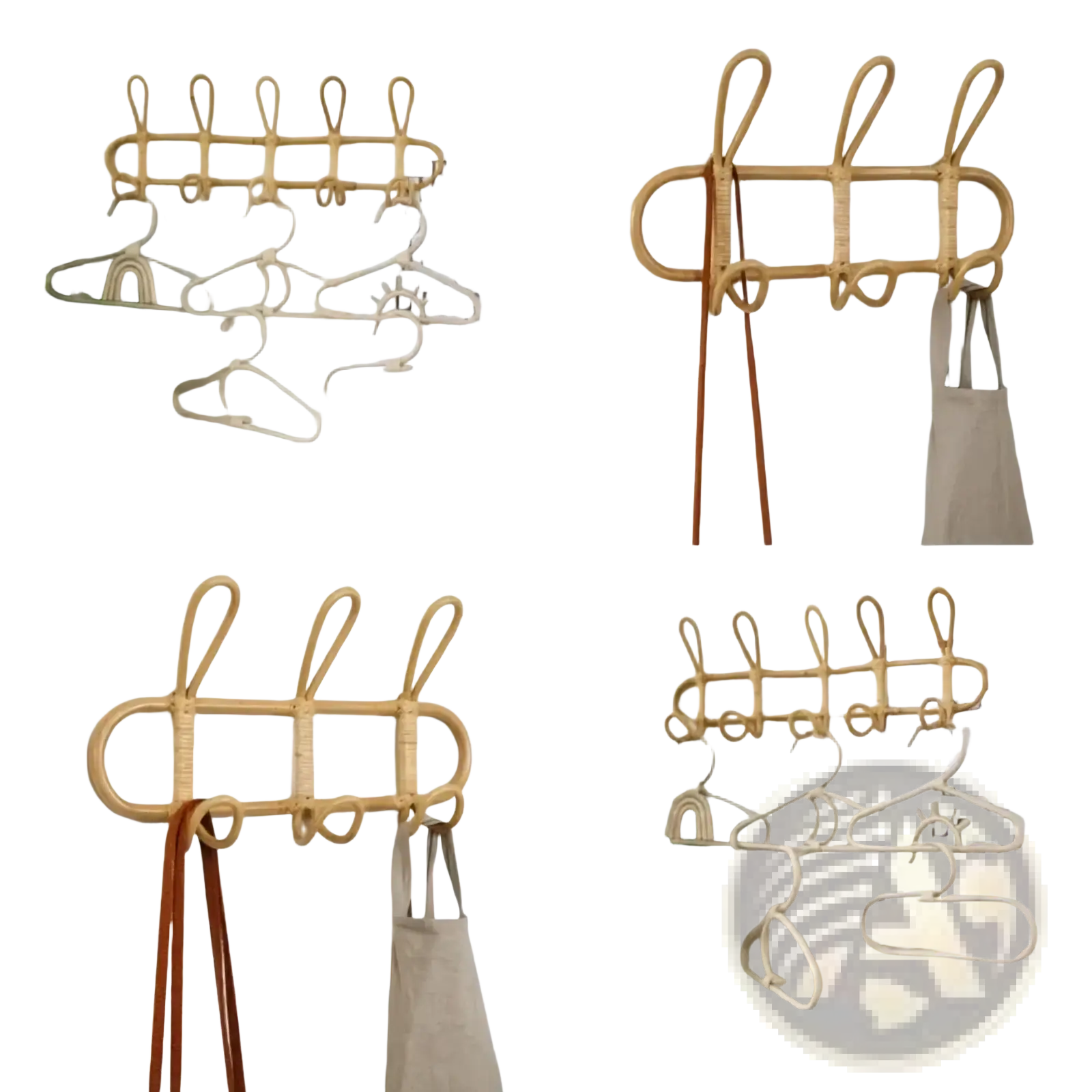 Natural woven rattan kids wall hook with five curved hooks and central oval design for clothing storage