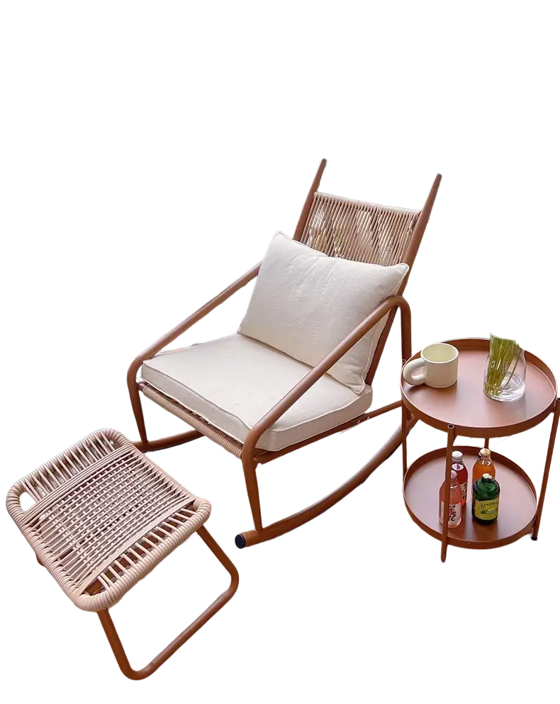 Beige cushioned rocking chair with woven rattan frame and matching footstool for modern style single pedal metal craft use