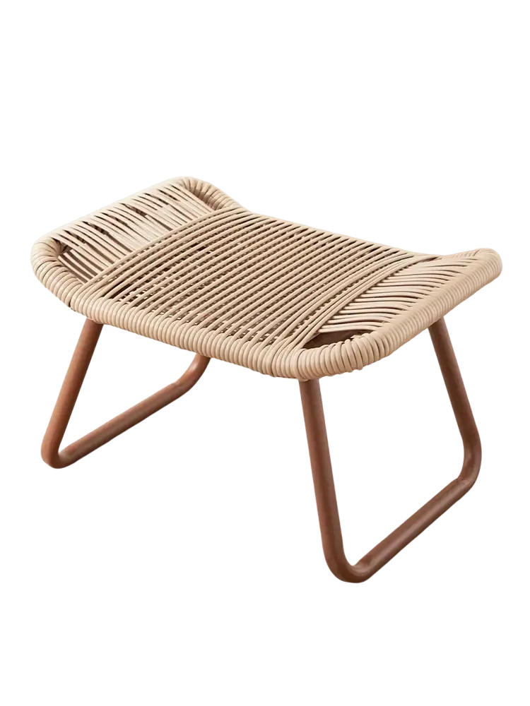 Beige woven rattan under desk footrest with modern style single pedal and curved brown metal craft legs