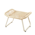 Beige woven rattan under desk footrest with sleek white metal craft frame black caster wheels modern style single pedal