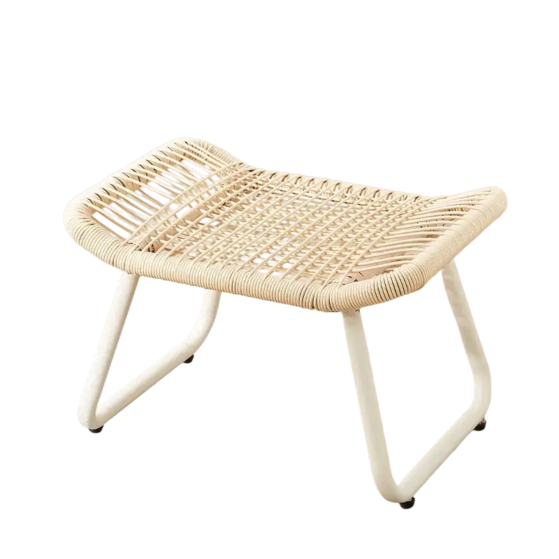 Beige woven rattan under desk footrest with sleek white metal craft frame black caster wheels modern style single pedal