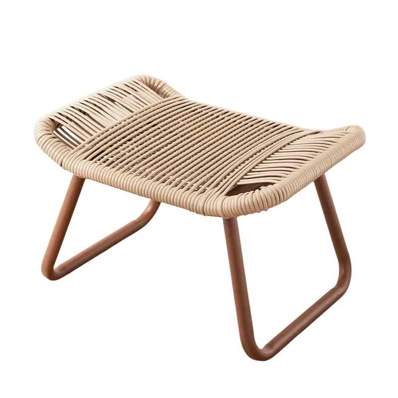 Beige woven rattan under desk footrest with curved brown metal craft legs in modern style single pedal design