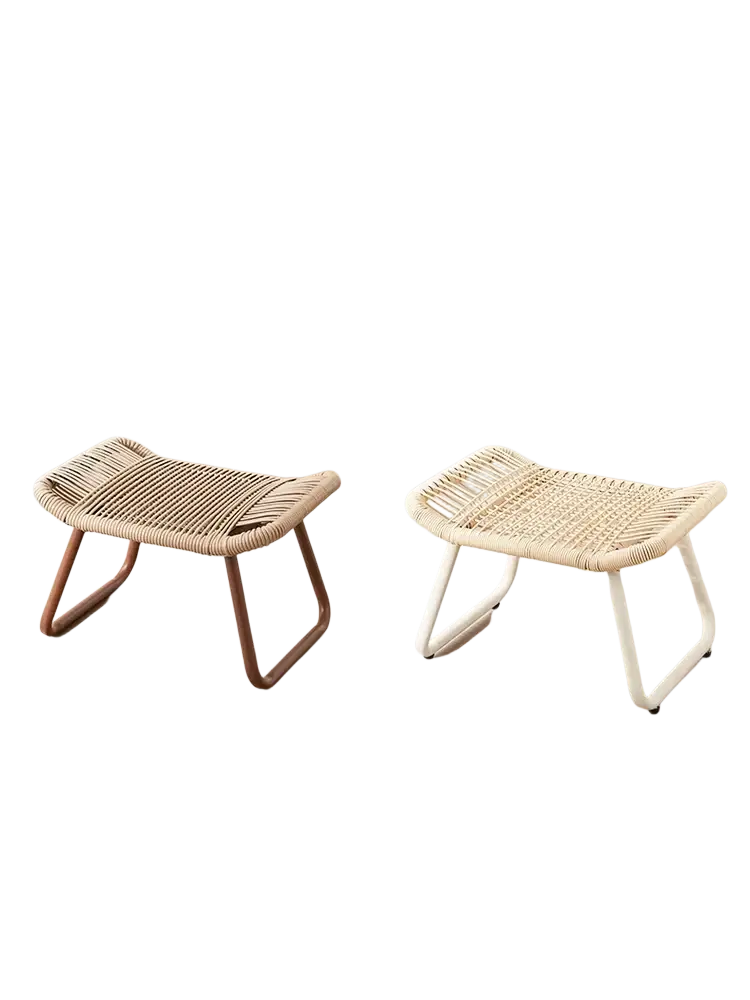 Woven rattan under desk footrest with modern style single pedal metal craft frame in wood-grain and off-white finishes