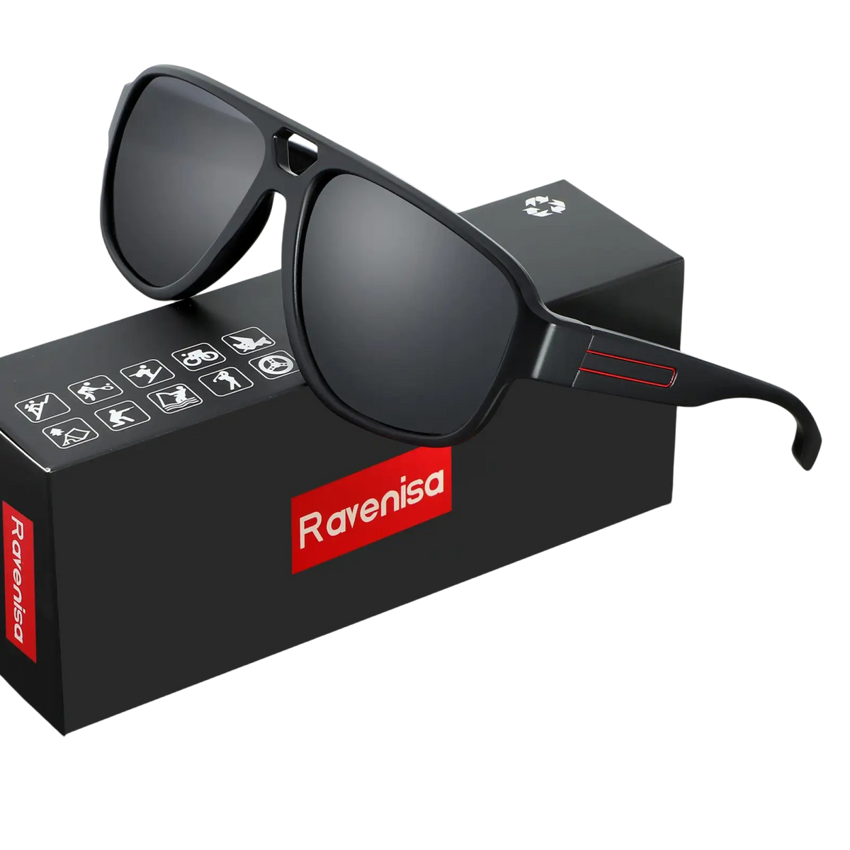 Black ravenisa polarized aviator sunglasses for men with dark gray mirrored lenses and red temple accents