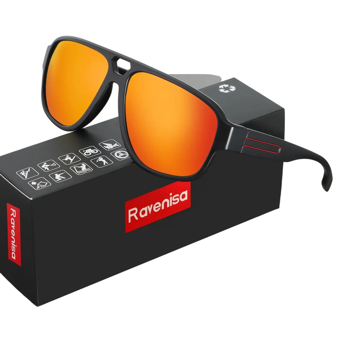 Ravenisa polarized aviator sunglasses for men with black frames, vibrant orange mirrored lenses, and red temple stripes