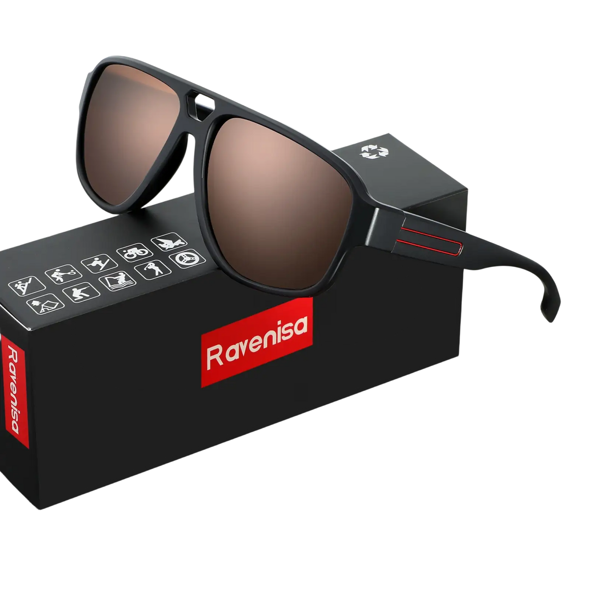 Ravenisa polarized aviator sunglasses for men with black frame brown mirrored lenses and red accent stripes on temples
