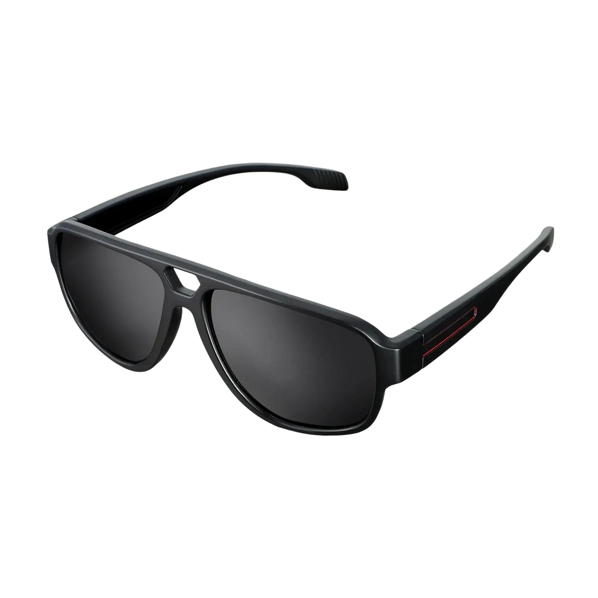 Ravenisa polarized aviator sunglasses for men in black with dark gray mirrored lenses and red accent stripes on temples