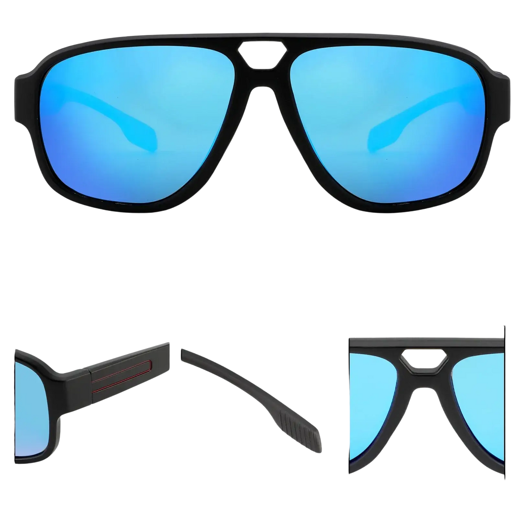 Black-framed Ravenisa polarized aviator sunglasses for men with reflective blue mirrored lenses and UV protection