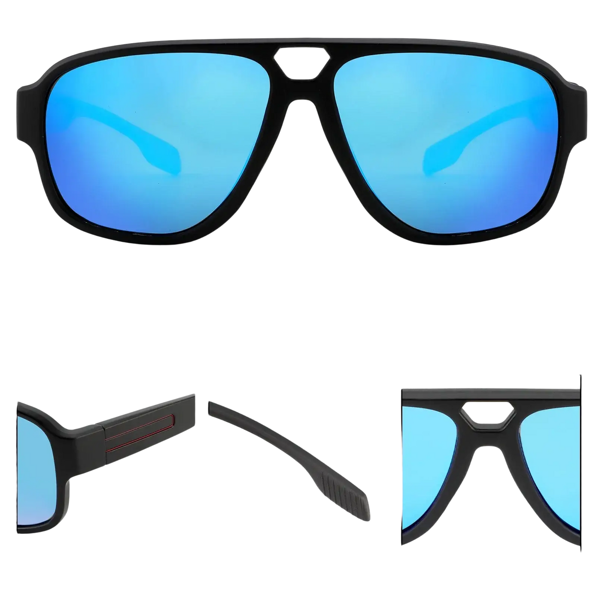 Black-framed Ravenisa polarized aviator sunglasses for men with reflective blue mirrored lenses and UV protection