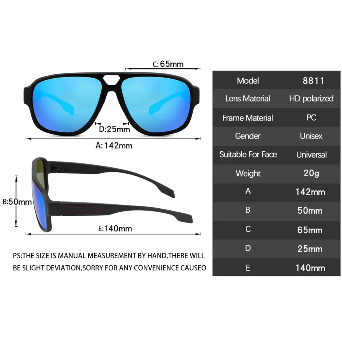 Black-framed ravenisa polarized aviator sunglasses for men with blue hd polarized lenses and pc frame
