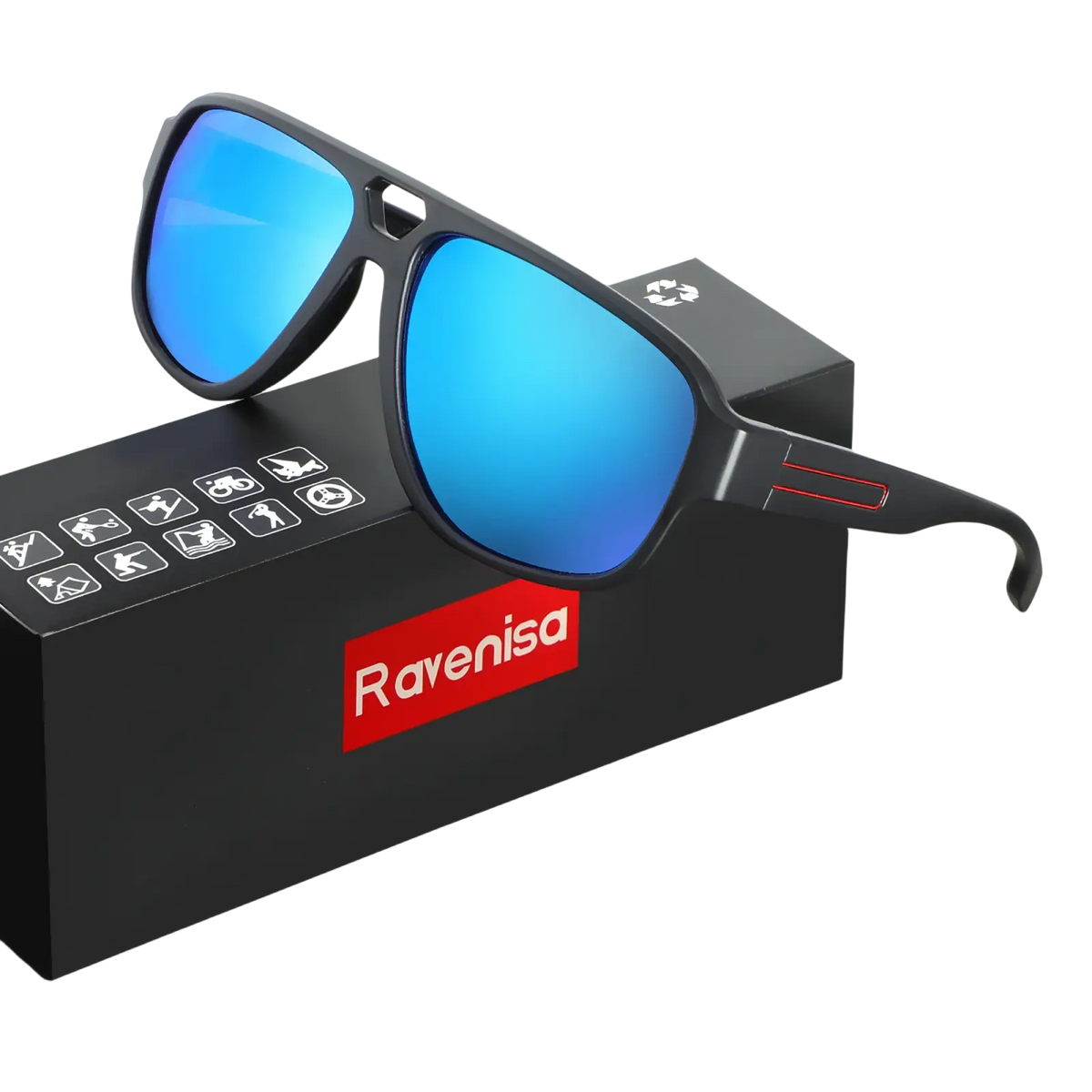 Black-framed ravenisa polarized aviator sunglasses for men with vibrant blue mirrored lenses and red temple accents