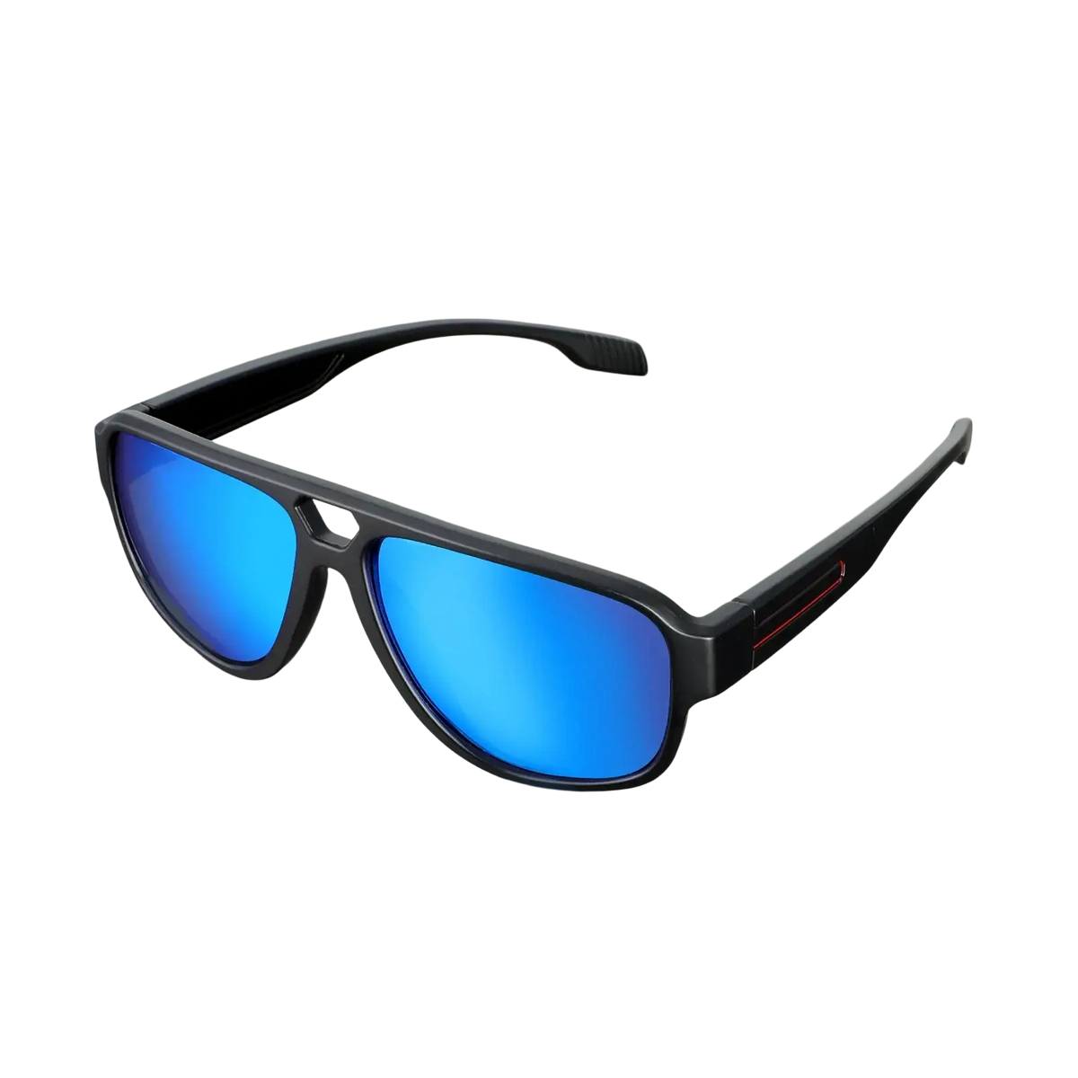Ravenisa polarized aviator sunglasses for men with black frames, vibrant blue mirrored lenses, and subtle red accents