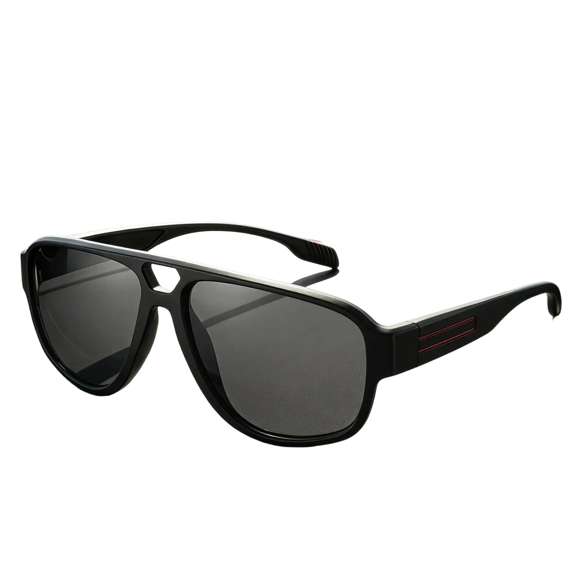 Black Ravenisa polarized aviator sunglasses for men with dark gray lenses and red stitching on car leather dashboard