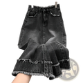 Dark gray denim midi skirt with raw edge frayed ruffled hem and distressed details in a casual style