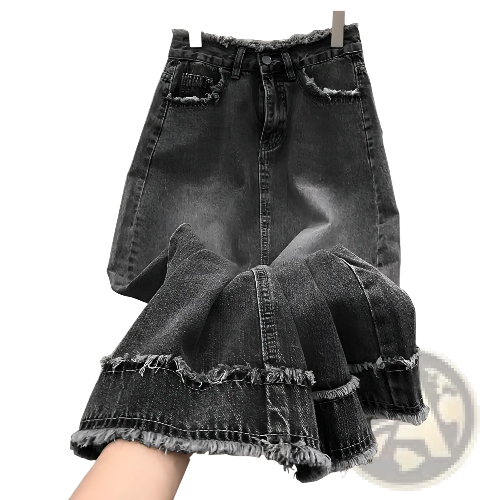 Dark gray denim midi skirt with raw edge frayed ruffled hem and distressed details in a casual style