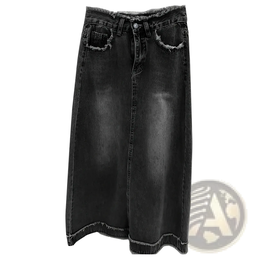 Black raw edge distressed denim midi skirt with frayed hem and pockets made from denim material